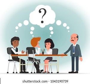 A Team Of Office Employees Is Pondering A Difficult Problem. Vector Illustration.