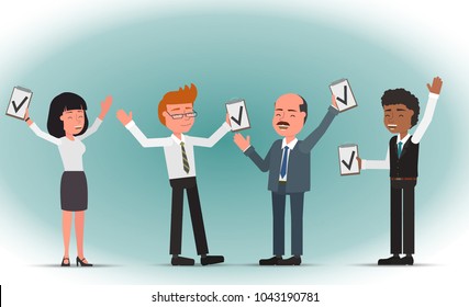 A team of office employees rejoice at the task. Vector illustration.