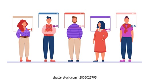 Team of office people on virtual meeting. Men and women in digital windows with audio and camera having online video conference flat vector illustration. Communication, remote work, technology concept