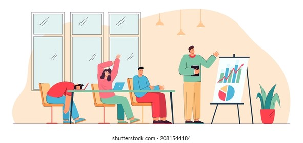 Team of office people tired of boring presentation of speaker. Tiresome lecture, cartoon characters at meeting flat vector illustration. Business training concept for banner or landing web page