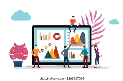 Team Office Worker Working Together To Analyze Infographics Data Science Together Vector Illustration