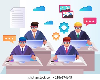 Team office workers businessmen people characters working. Workplace work space management recruitment concept. Vector flat cartoon isolated graphic design illustration