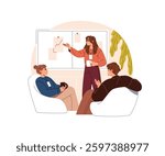 Team of office workers drinks coffee, discusses work issues. Employees with beverages talk while lunch. Colleagues spend break time together. Flat isolated vector illustration on white background