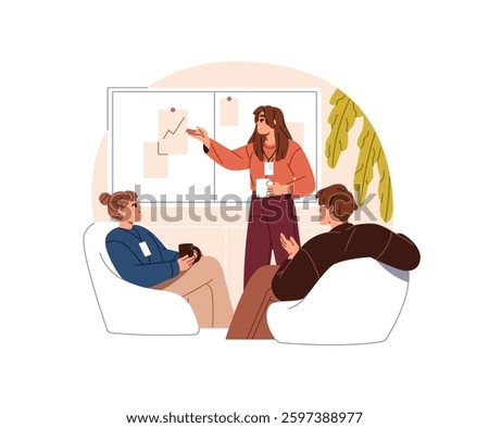 Team of office workers drinks coffee, discusses work issues. Employees with beverages talk while lunch. Colleagues spend break time together. Flat isolated vector illustration on white background