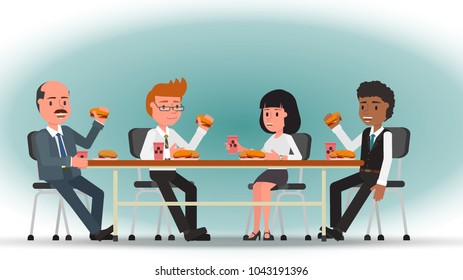 A team of office workers eating hamburgers and drinking coffee during a lunch break. Vector illustration.