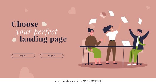 Team of office workers with flying paper documents around. Efficient fast work of people at desk flat vector illustration. Teamwork, productivity concept for banner, website design or landing web page