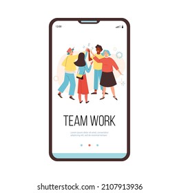 Equipo de trabajadores de oficina saludando con alta plantilla de pantalla incorporada, ilustración vectorial plana. Diversas personas se reúnen, concepto de amistad, unión y trabajo en equipo.