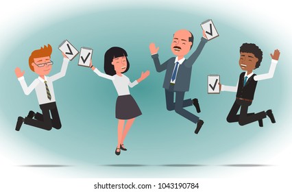 A team of office workers jumps for joy. Vector illustration.