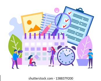 The team of office workers in the process of deadline, plans the work and organizes the workflow. Vector illustration for posters, social media, banners.