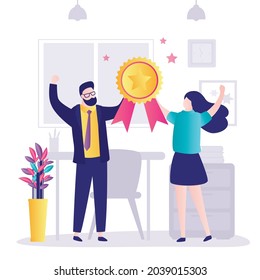 Team of office workers received award for perseverance. Golden quality mark with star. Business people rejoice at victory. Successful teamwork and goals achievement, concept. Flat vector illustration