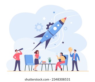 Team of office workers with rocket ship as symbol of startup. Start-up project launch, employees sharing ideas vector illustration. Brainstorming, teamwork, startup concept