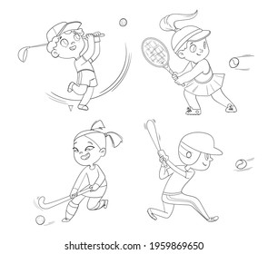 Team olympic sport. Field hockey, baseball, tennis, golfing. Set. Funny cartoon characters. Vector illustration. Isolated on white background. Coloring book