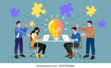 Team on business meeting discussing outline. people chatting in conference. Man and woman with laptop. aim and cooperation. teamwork and business goals achievements. Flat style vector illustration