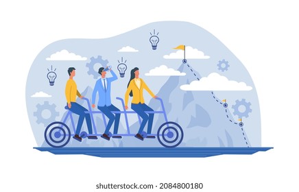 Team On Tandem Bike. Active Lifestyle, Friends Travel Together, Unusual Transport. Athletes Train, Take Care Of Their Health. Nature, Outdoor, Park, Sportsmans. Cartoon Flat Vector Illustration