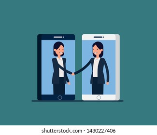 Team  with online communication and agreement. Vector illustration technology business concept, Application solutions, Cute flat cartoon style design, Business Partners interacting.