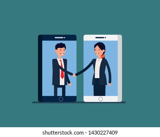 Team  with online communication and agreement. Vector illustration technology business concept, Application solutions, Cute flat cartoon style design, Business Partners interacting.