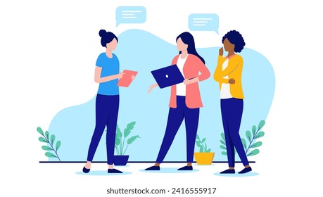 Team of only women talking - Group of female characters in office having conversation and dialogue with standing with speech bubbles. Flat design vector illustration on white background