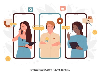 Team of operators with headsets work in customer call service vector illustration. Cartoon employees of hotline center talking with clients online on screens of mobile phones. Helpline concept