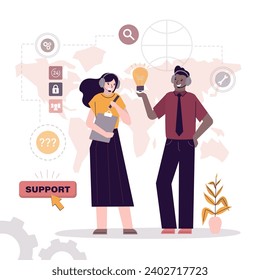 Team of operators, online technical support 24-7. male and female hotline operators advises clients. FAQ, customer support concept. Multi ethnic helpers generates ideas and solutions. flat vector
