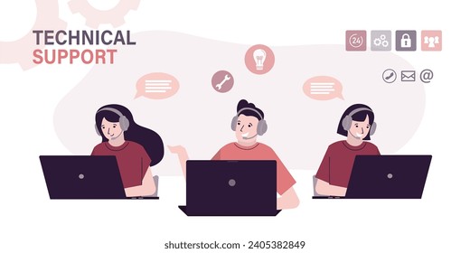 Team of operators, online technical support 24-7. male and female hotline operators advises clients. FAQ, customer support concept. Virtual helpers generates ideas and solutions. vector illustration