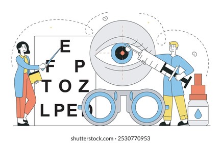 Team of ophthalmologists. Man and woman in medical uniform near large letters. Occulists with eyewears and syringe. Health care and medicine. Diagnosis and treatment. Linear vector illustration