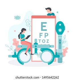 A team of ophthalmologists and vision checks. Ophthalmology concept with tiny people. Flat vector illustration.
