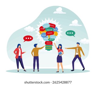 Team opinion new idea concept. Teamwork and communication involving individuals contributing ideas shown as speech bubbles forming a light bulb. 