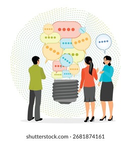 Team opinion new idea concept. Team Collaboration And Brainstorming With Colorful Speech Bubbles Surrounding A Light bulb Idea Center Symbolizing Communication to find new ideas.
