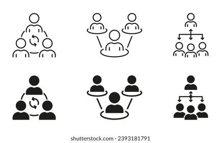 Team Organization Line and Silhouette Icon Set. Leadership And Teamwork Pictogram. Work Group Symbol Collection. Job Hierarchy, Corporate Staff Sign. Isolated Vector Illustration.