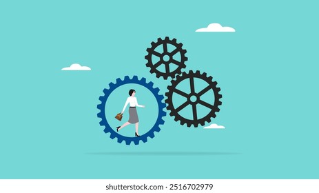 team organization or teamwork driver, driving force in business concept, entrepreneurship illustration, leadership skill, businesswoman working to rotate connected cog wheels gear