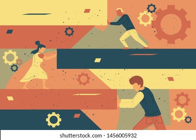 Team organizing abstract geometric shapes scattered around them with gear. Bundle of young men collecting geometric figures. Concept of teamwork. Flat vector illustration in contemporary style.