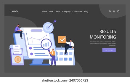 Team overseeing performance metrics on large dashboard, magnifying data details and ensuring accurate financial reporting. Results analysis in action. Flat vector.