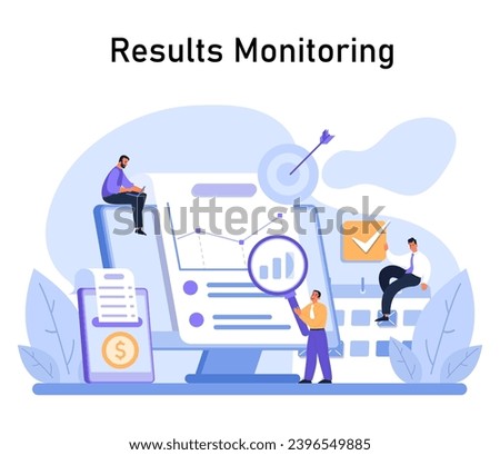Team overseeing performance metrics on large dashboard, magnifying data details and ensuring accurate financial reporting. Results analysis in action. Flat vector.