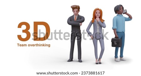 Team is overthinking. Finding solution, difficult task. Male and female vector characters in thoughtful poses. Color illustration on white background. Business concept