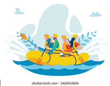 Team Paddling in Inflatable Boat Flat Illustration. People Wearing Safety Helmets and Vest, Rowing in Wild Water Cartoon Vector Characters. Rafting Competition, Extreme Hobby, Water Sport