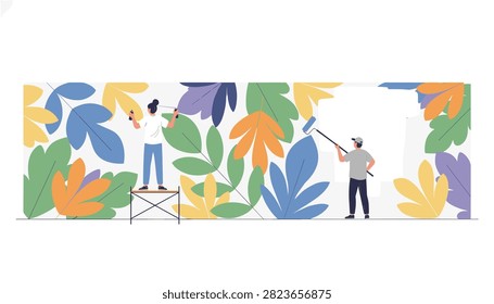 Team of painters decorating a large wall with a vibrant mural of colorful leaves using scaffolding and paint rollers for an artistic project.