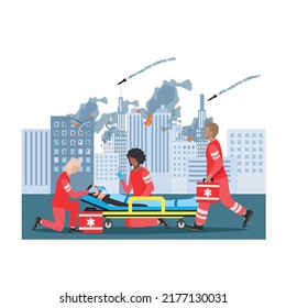 A team of paramedics assist the wounded during military operations. Ambulance, urgent medical care. Thank you doctors and nurses. Military medicine. Vector illustration.