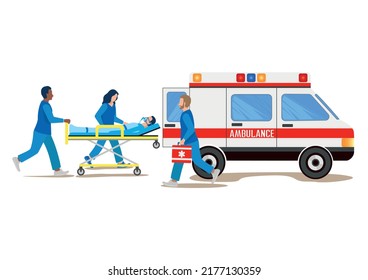 A team of paramedics assisting a patient. Ambulance, urgent medical care. Thank you doctors and nurses. Urgent hospitalization. Vector illustration.