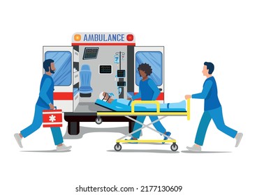 A Team Of Paramedics Assisting A Patient. Ambulance, Urgent Medical Care. Thank You Doctors And Nurses. Urgent Hospitalization. Vector Illustration.