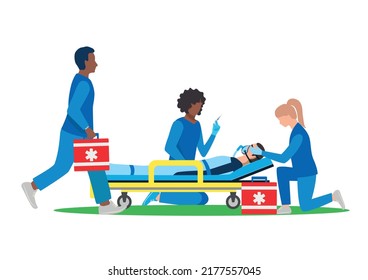 A team of paramedics assisting a patient. Ambulance, urgent medical care. Thank you doctors and nurses. Urgent hospitalization. Vector illustration.