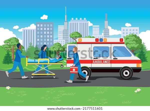 A team of paramedics assisting a patient.\
Ambulance, urgent medical care. Thank you doctors and nurses.\
Urgent hospitalization. Vector\
illustration.