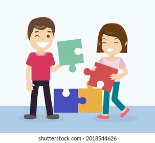 Team partners work together and work together to complete creative puzzles to create a project team collaboration environment, vector illustration