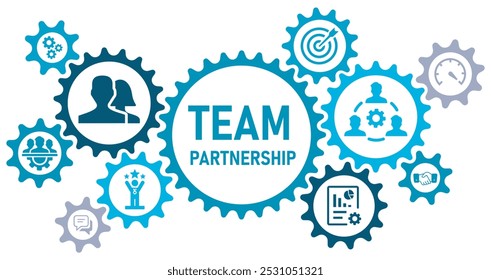 Icones de site de banner de conceito de parceria de equipe, conceito de ilustração vetorial . com ícones de desempenho de colaboração, plano, trabalho em equipe, sinergia, sucesso, ganhar o objetivo, alvo no fundo branco .