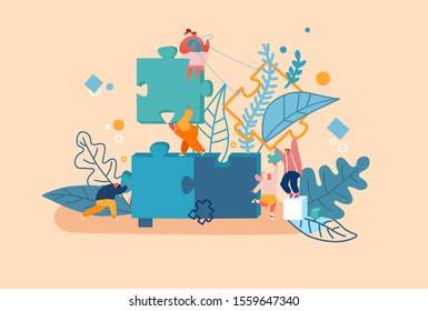 Team, Partnership and Teamwork Cooperation Concept. Business People Connecting Puzzle Elements. Businessmen and Businesswomen Characters Set Up Separated Construction. Cartoon Flat Vector Illustration