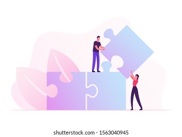 Team, Partnership and Teamwork Cooperation Concept. Business People Connecting Puzzle Elements. Businessman and Businesswoman Characters Set Up Separated Construction. Cartoon Flat Vector Illustration