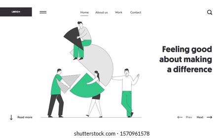 Team Partnership, Teamwork Cooperation Website Landing Page. Business People Connect Huge Pie Chart Elements. Characters Set Up Separated Construction Web Page Banner. Cartoon Flat Vector Illustration