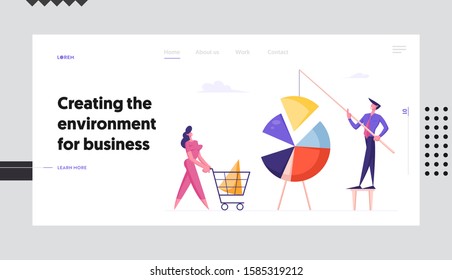 Team Partnership, Teamwork Cooperation Website Landing Page. Business People Connecting Huge Pie Chart Elements Separated Data Graph Construction Web Page Banner. Cartoon Flat Vector Illustration
