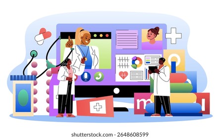 Equipe de pediatras. Homem e mulher em uniforme médico perto de pílulas e estetoscópio. Saúde e medicina. Pediatras fazem diagnóstico on-line. Ilustração de vetor plano