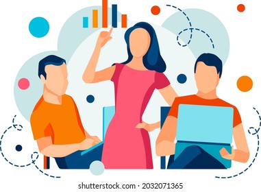 Equipos analizando datos sobre el fondo de la luz. Concepto creativo de gente de negocios, trabajo en equipo. Cartel con colegas. Ilustración plana de compañeros de trabajo.