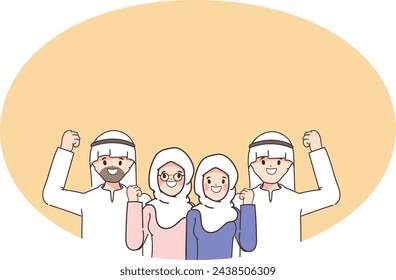Team of people in arabic clothes make victory gestures rejoice at startup success. Modern men and women in Islamic clothing and headdresses raise their fist up with smile